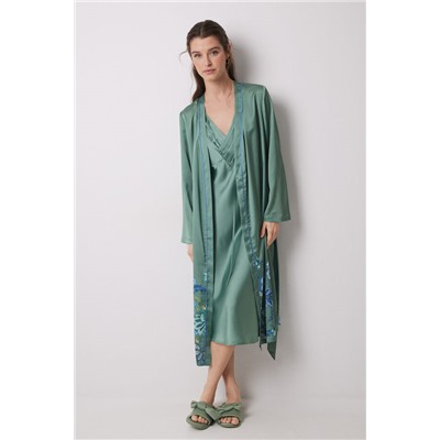 Bata midi satén verde flores