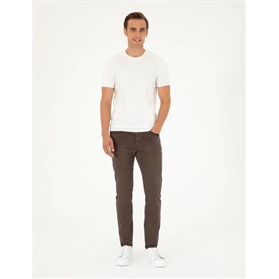 Ekru Slim Fit Bisiklet Yaka Triko Tişört
