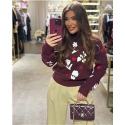 Chane * новая высокая версия из смесовой шерсти с жаккардовым узором Love Flower, теплая полуводолазка, пуловер с длинными рукавами, свитер-нижний свитер, белый, красный, 36, 38, 40, [размер 38; ширина плеч 41, обхват груди 94, длина рукава 57, длина одежды 53】