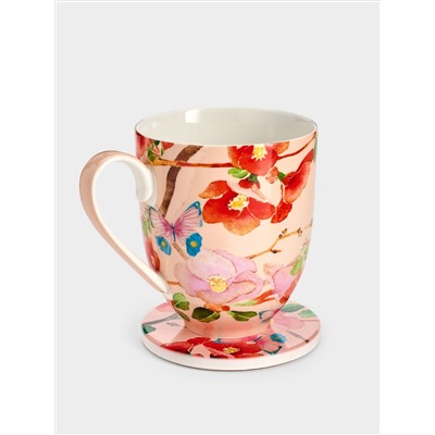 Кружка, 400 мл, с подставкой, Камелии на розовом
