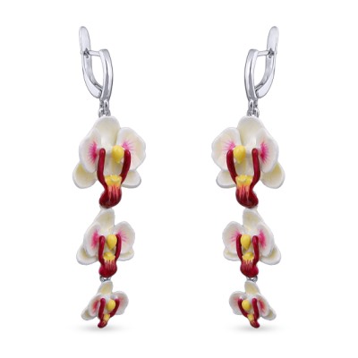 Серьги Орхидея (эмаль белая, розовая; покрытие родий), Есть комплект