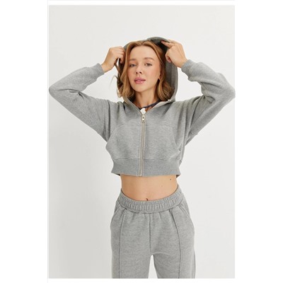 TUBİAKadın Gri Renk Kapüşonlu Şardonlu Crop Sweatshirt Hırka