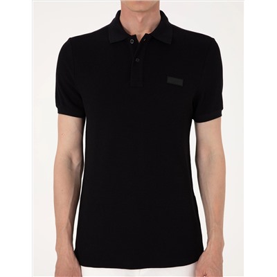 Siyah Slim Fit Örme Dokulu Polo Yaka Tişört