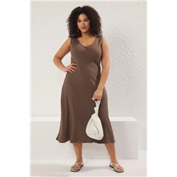 Trendyol Curve Kahverengi Fitilli A-line Midi Örme Elbise TBBSS24AH00130