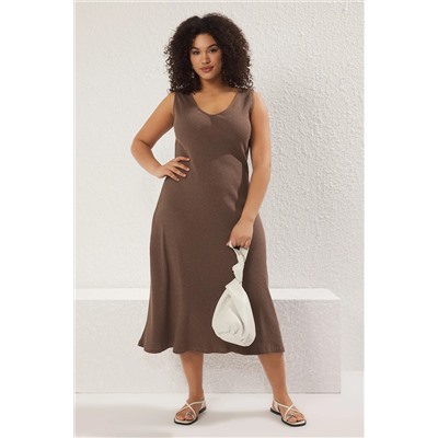 Trendyol Curve Kahverengi Fitilli A-line Midi Örme Elbise TBBSS24AH00130