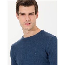 İndigo Melanj Slim Fit Bisiklet Yaka Basic Triko Kazak