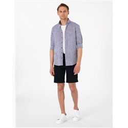 Lacivert Keten Görünümlü Slim Fit Uzun Kollu Gömlek