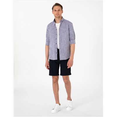 Lacivert Keten Görünümlü Slim Fit Uzun Kollu Gömlek
