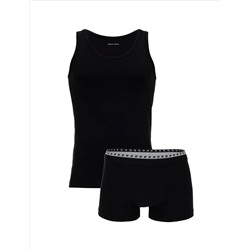 Siyah Pamuk Karışımlı Atlet Boxer Set