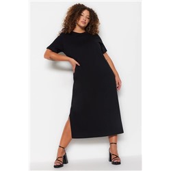 Trendyol Curve Siyah Bisiklet Yaka Yırtmaçlı Maxi/Uzun %100 Pamuk Örme Elbise TBBSS23AH00159