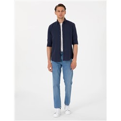Koyu Lacivert Keten Görünümlü Slim Fit Uzun Kollu Gömlek
