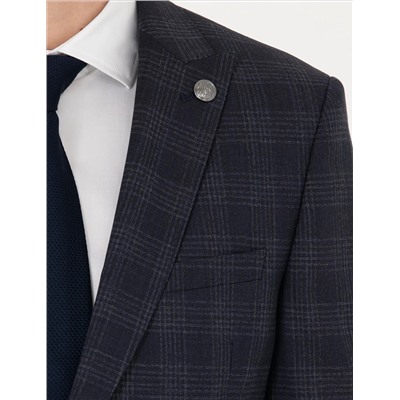 Lacivert Ekose Ekstra Slim Fit Yün Karışımlı Takım Elbise