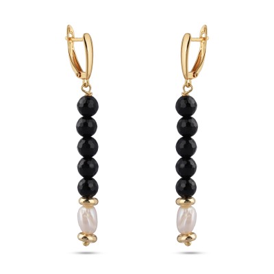 Серьги Селена (жемчуг белый, агат черный 6мм; покрытие золото), Есть комплект