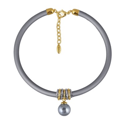 Колье Гевея (Майорка 16мм серо-голубая, каучук серый; покрытие золото) 40-45см, Есть комплект