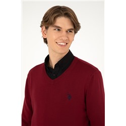 Erkek Slim Fit V Yaka Bordo Basic Kazak