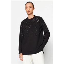 TRENDYOL MODEST Siyah Taş Detaylı Yanları Yırtmaçlı Örme Tunik TCTAW24UK00012