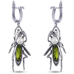 Серьги Кузнечик (кристаллы SW зеленые, Майорка; покрытие античное серебро), Есть комплект