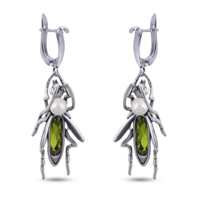 Серьги Кузнечик (кристаллы SW зеленые, Майорка; покрытие античное серебро), Есть комплект