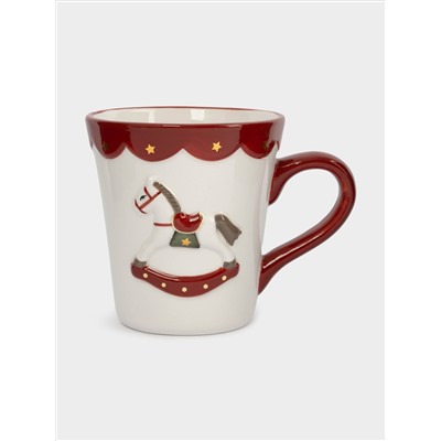 Кружка, 510 мл, керамика D, бело-красная, Лошадка-качалка, New year