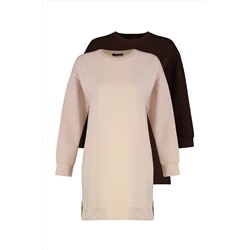 TRENDYOL MODEST Kahverengi-Bej 2'li Paket Bisiklet Yaka Basic Örme Sweatshirt TCTAW22TW0152