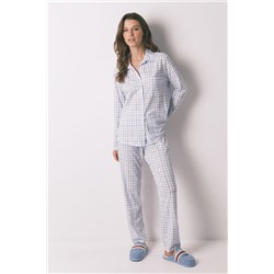 Pijama camisero algodón cuadros azul