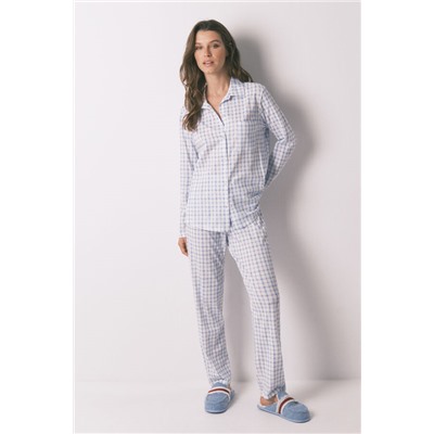 Pijama camisero algodón cuadros azul