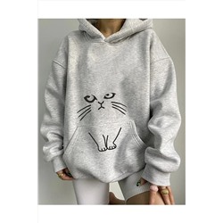 NEW MODAKedi Baskılı Kapüşönlü Sweatshirt