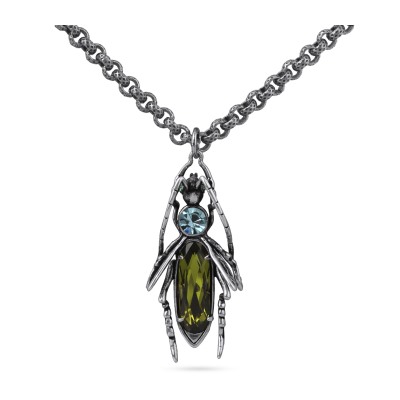 Кулон Кузнечик (кристаллы SW зеленые, голубые; античное серебро) 50см, Есть комплект