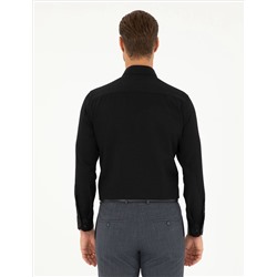 Siyah Slim Fit Armürlü Uzun Kollu Gömlek