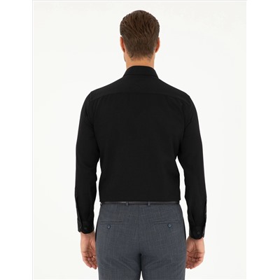 Siyah Slim Fit Armürlü Uzun Kollu Gömlek