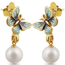 Серьги (эмаль мятная, серая, жемчуг белый; покрытие: золото)