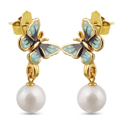 Серьги (эмаль мятная, серая, жемчуг белый; покрытие: золото)