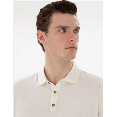 Ekru Slim Fit Düğmeli Polo Yaka Triko Tişört