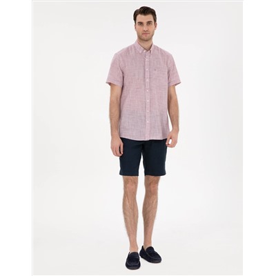 Bordo Keten Görünümlü Regular Fit Kısa Kollu Gömlek