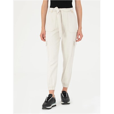 Krem Keten Karışımlı Jogger Fit Kanvas Pantolon