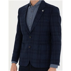 Lacivert Yün Kaşmir Karışımlı Ekose Ceket