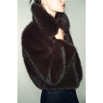 SHORT FAUX FUR COAT WITH LAPEL COLLAR