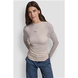 SIDE RUCHED HIGH NECK LONG SLEEVE TOP WITH RHINESTONE