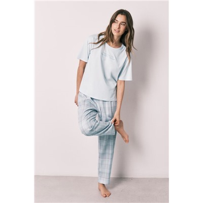 Pijama 100% algodón azul estampado cuadros