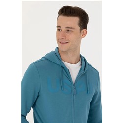 Erkek Petrol Kapüşonlu Örme Hırka