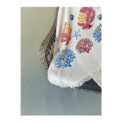 fildastore Deniz Yaşamı Motifi Desenli  %100 Organik Pamuk, Naturel,Müslin,Peştemal, Plaj Havlusu, Pareo