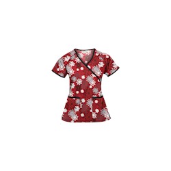UA Festive Snowflakes Red Mock Wrap Scrub Top