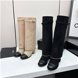 Высокие замшевые сапоги на каблуке ШАНЕЛ*Ь