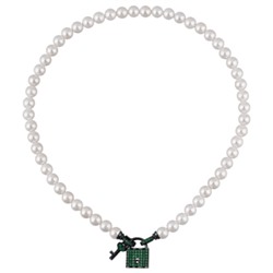 Колье (Майорка белая 8мм, фианит зеленый; покрытие черный родий) 45см, Есть комплект