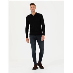 Siyah Slim Fit Polo Yaka Basic Triko Kazak