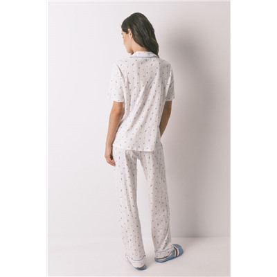 Pijama camisero algodón flores blanco