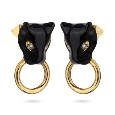 Серьги Пантера (эмаль черная, кристаллы SW белые; покрытие золото), Есть комплект