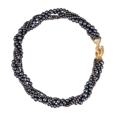 Колье Течение (Майорка темно-серая 4-6мм, фианит; покрытие золото) 50см, Есть комплект