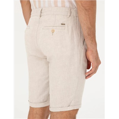 Bej Slim Fit Keten Karışımlı Dokuma Şort