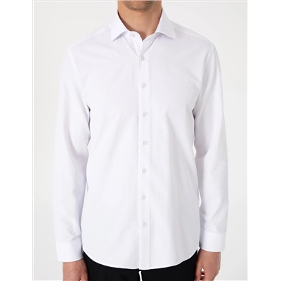 Beyaz Slim Fit Uzun Kollu Armürlü Gömlek